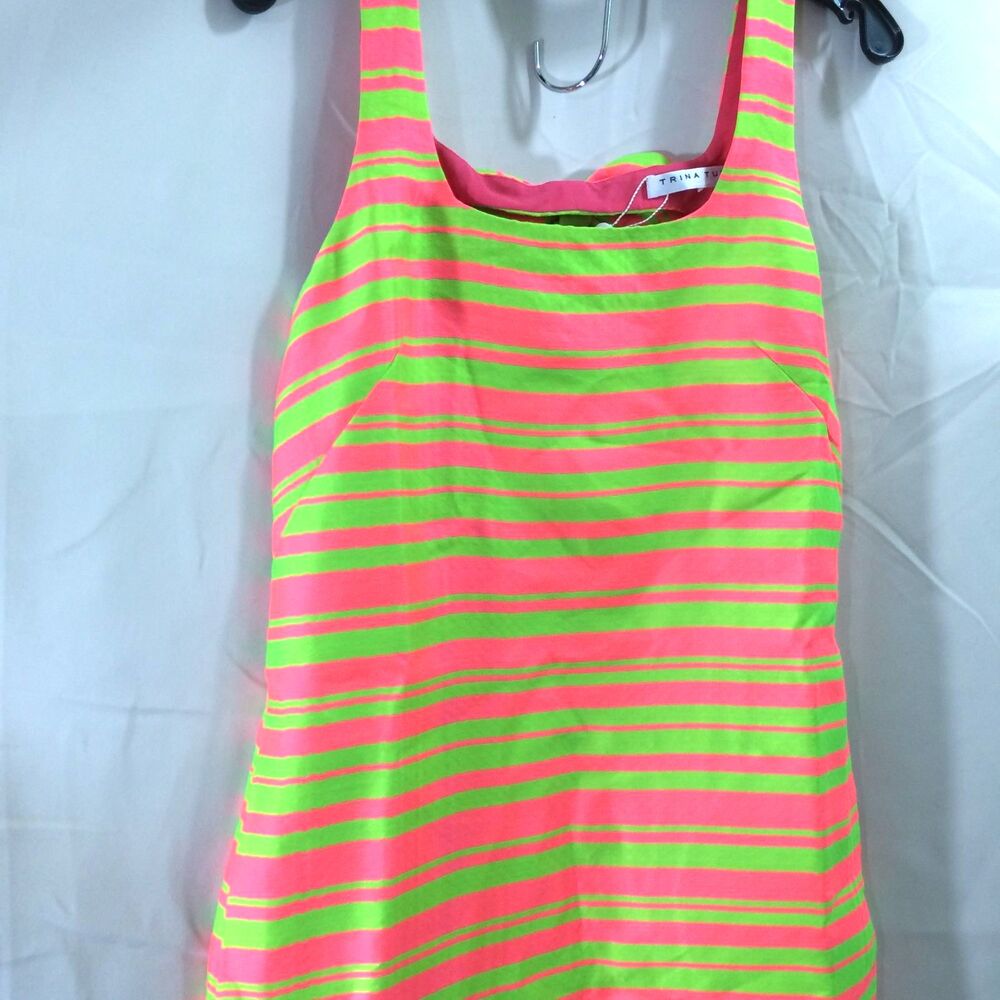 Trina Turk Aspiration Bow Back Neon Stripe Dress NWT Pink Lime Size 6 - Picture 4 of 6